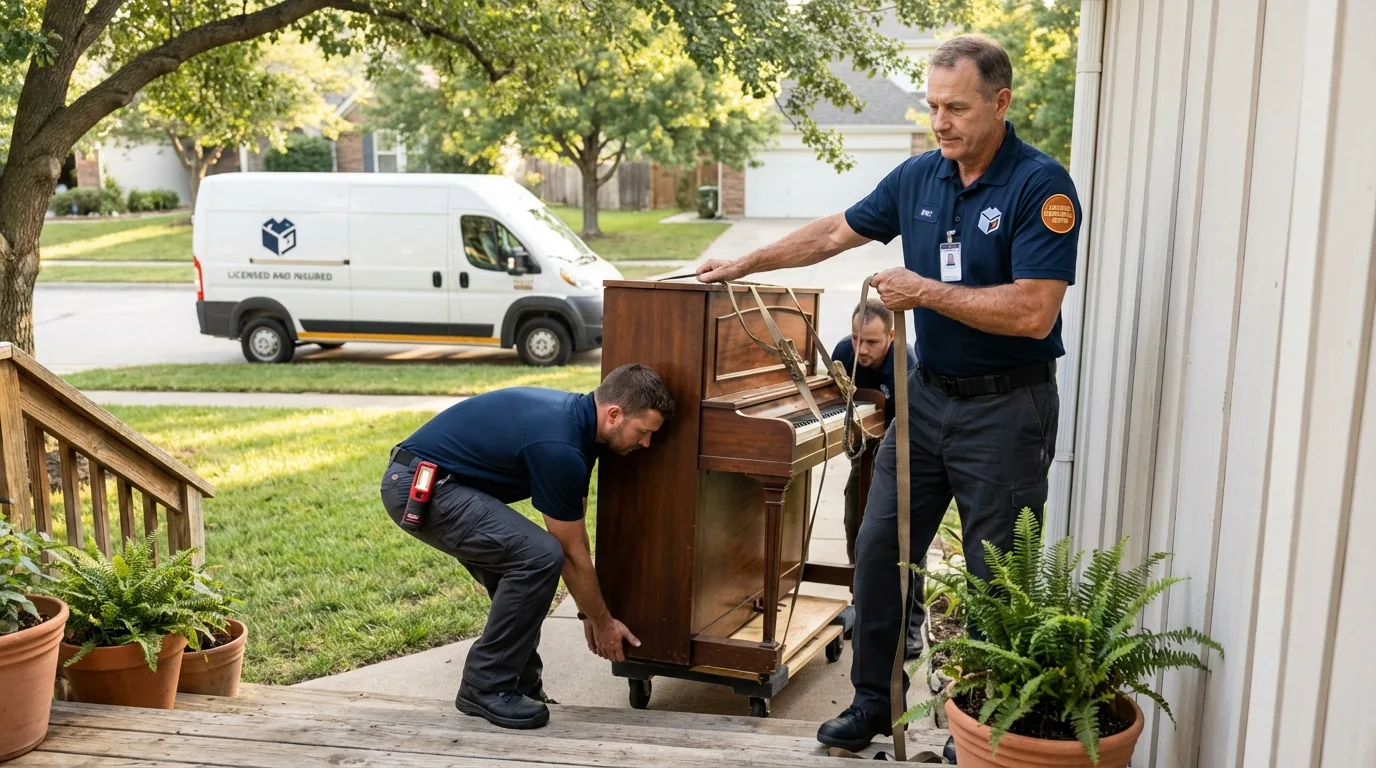 Licensed piano movers securing grand piano in Elma, WA