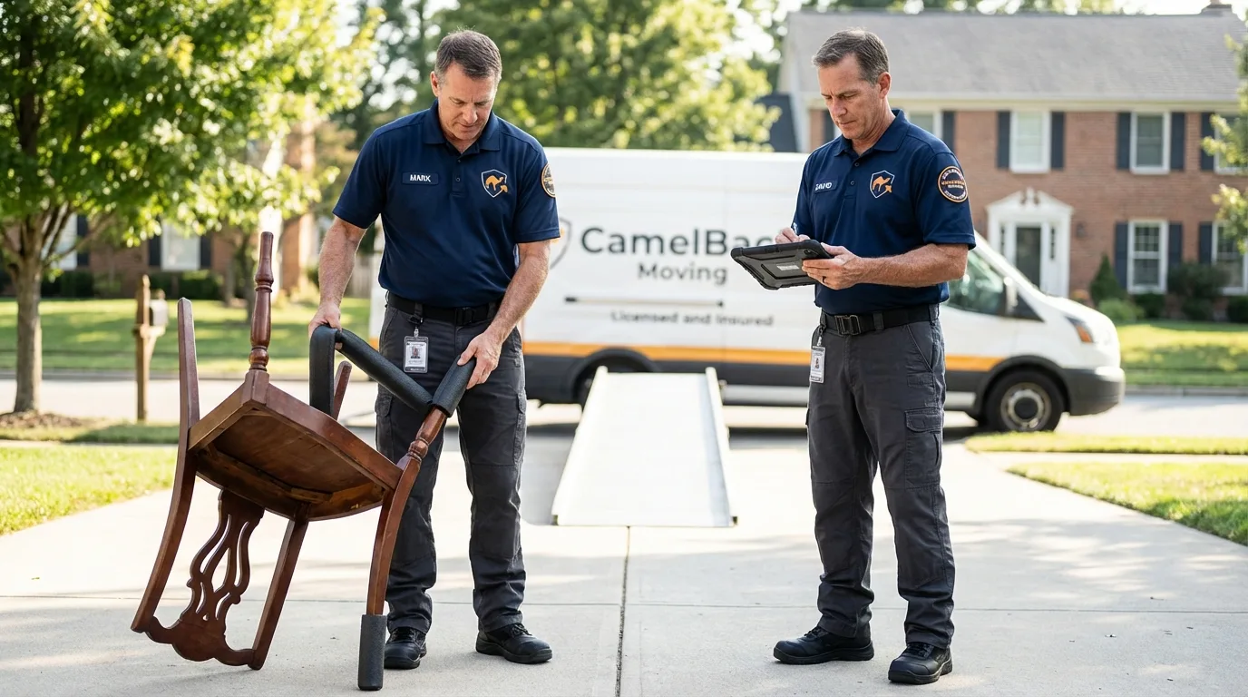 Movers inspecting furniture for damage prevention before loading in Elma, WA