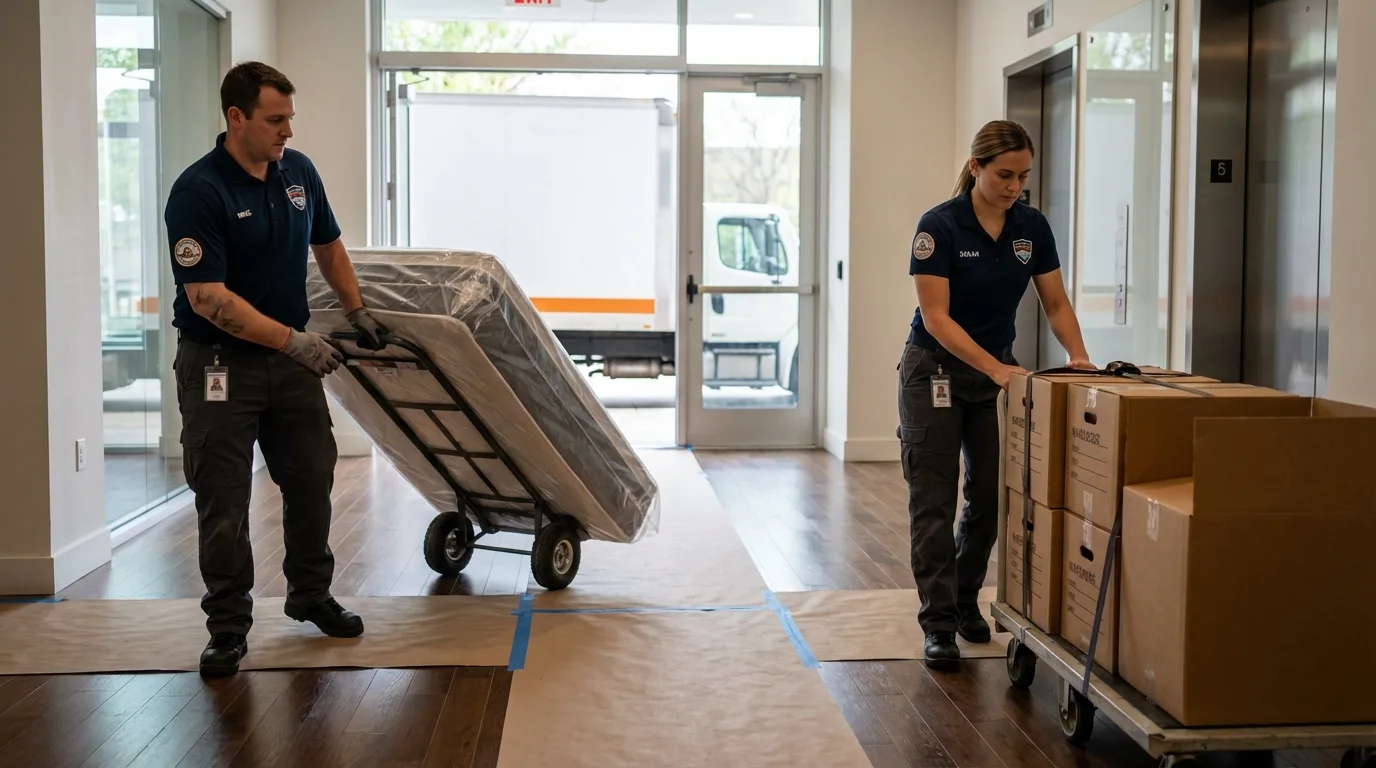 Professional apartment movers loading elevator in Elma, WA